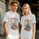 Olive T-shirt with cartoon T-Rex holding small dinosaurs and RAWR text