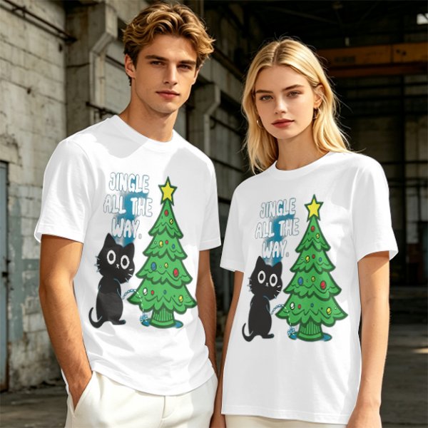 Olive Christmas Cat T-Shirt with Jingle All The Way Print