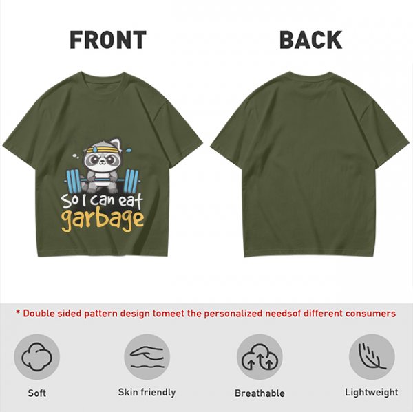 Olive T-Shirt with Raccoon Lifting Weights 'So I Can Eat Garbage' Print
