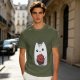 Olive T-Shirt With Cute White Cat Holding D20 Dice Print