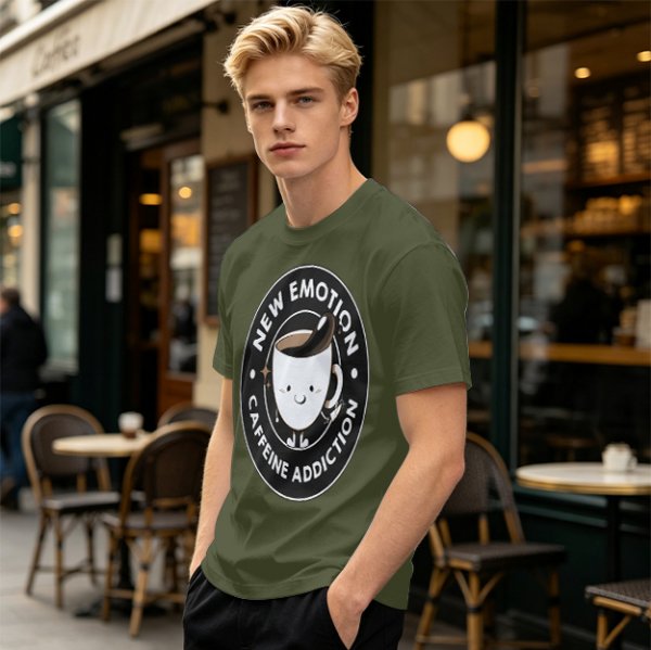 Olive t-shirt with 'New Emotion Caffeine Addiction' coffee cup graphic