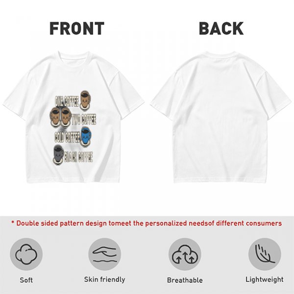 Olive green graphic tee with coffee cup illustrations and playful coffee text