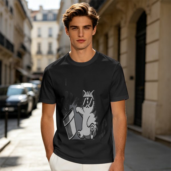Olive T-Shirt With Cool Cat Wearing Sunglasses Knocking Over Potted Plant