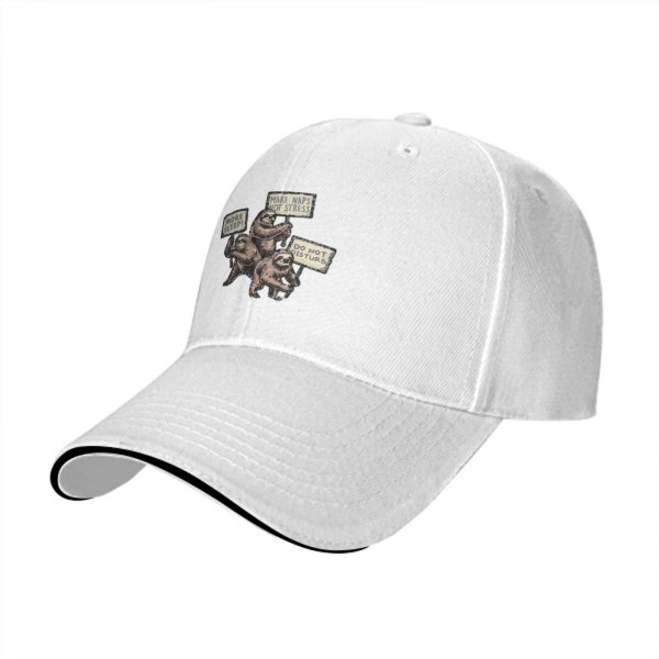 Black baseball cap with sloth nap and stress relief themed print