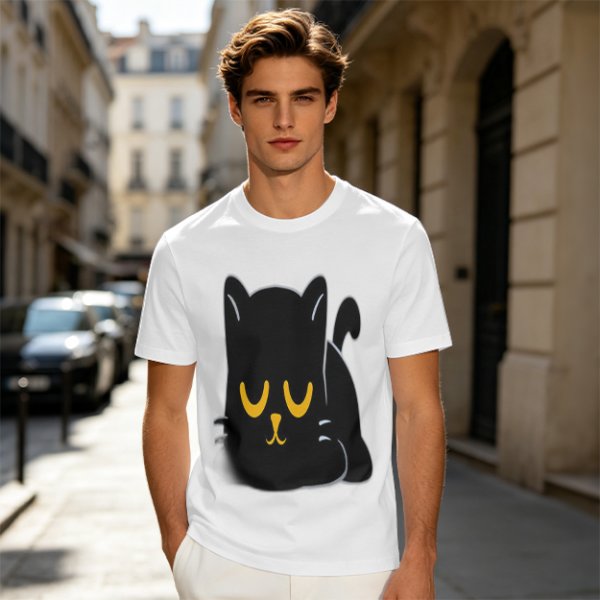 Olive T-Shirt with Relaxed Black Cat Graphic Design