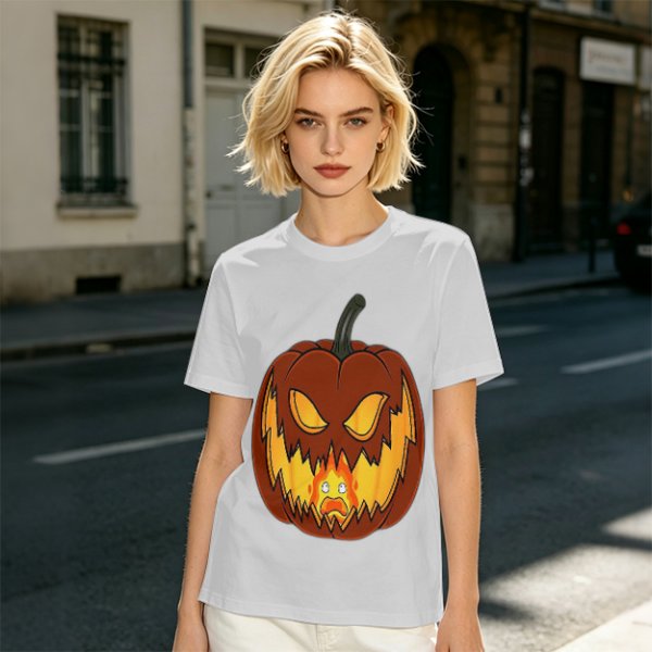 Olive Green T-Shirt With Scary Jack O' Lantern Pumpkin Print
