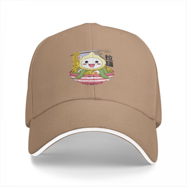 Black Baseball Cap With Cute Ramen Octopus Character Print