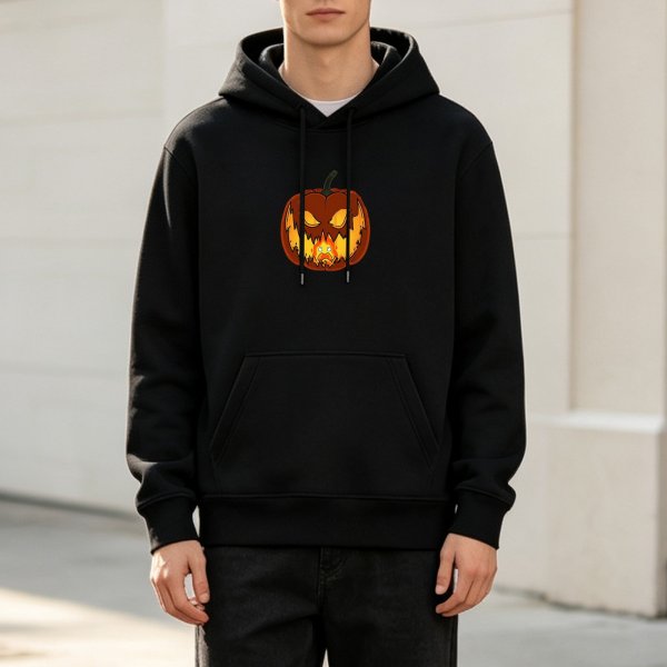 Black Hoodie With Scary Jack-o'-lantern Flame Graphic