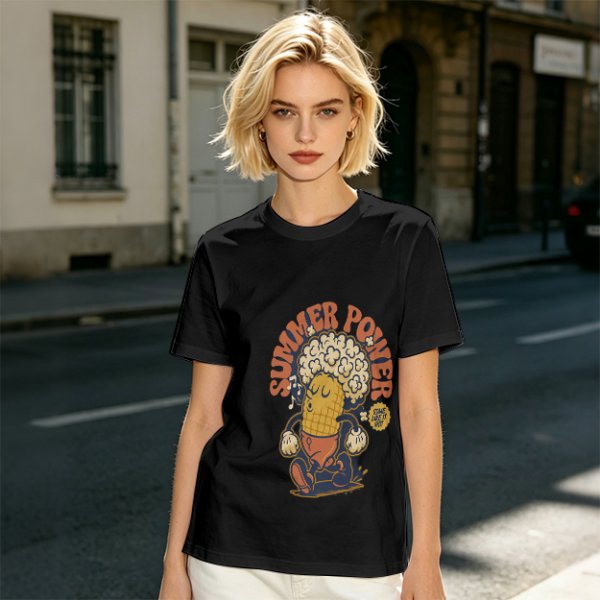 Olive T-Shirt with Retro Summer Power Corn Character Print