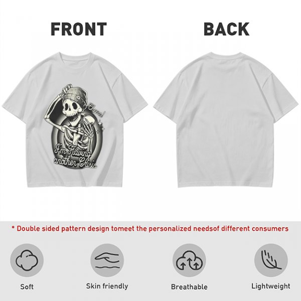 Olive t-shirt with skeleton graphic and 'Cheers! I'm Having Another Crisis' text