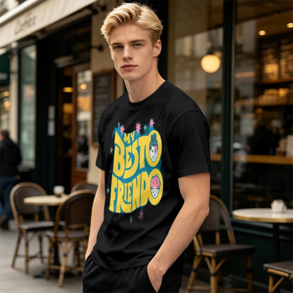 Olive graphic t-shirt with 'MY BESTO FRIENDO' anime character print