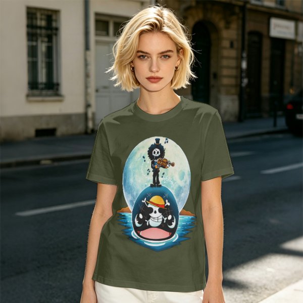 One Piece Brook Playing Violin on Laboon Whale Moon T-Shirt Print