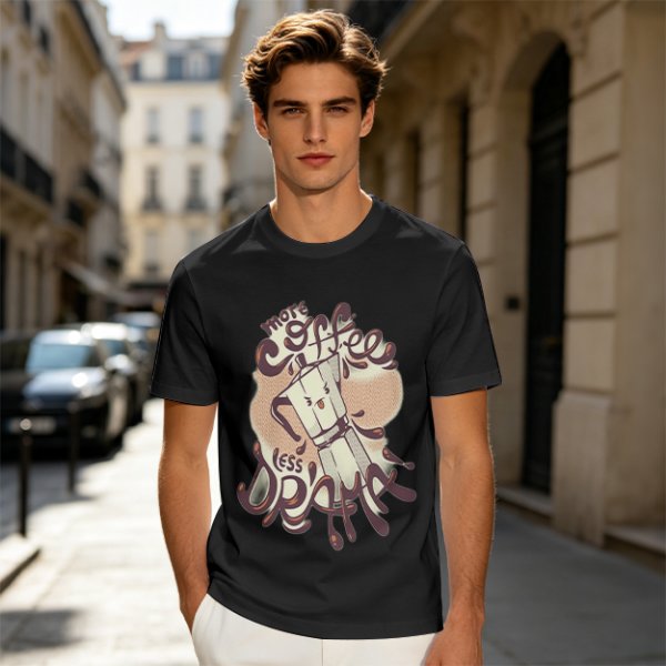Olive t-shirt with 'More Coffee Less Drama' and moka pot graphic