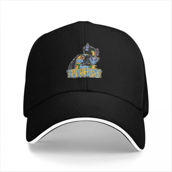 Black baseball cap with colorful cat graphic and Evil Girls text