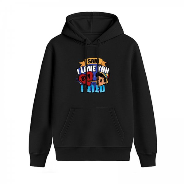 Black hoodie with Pinocchio 'I said I love you but I lied' graphic