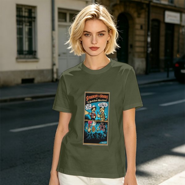 Olive T-Shirt with Stranger Hobbs Upside Down Comic Print