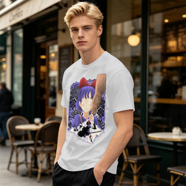 Olive T-Shirt With Witch Anime Girl and Cat Silhouette Print