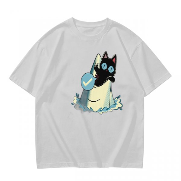 Olive T-Shirt With Black Cat Emerging From Wave Check Mark Print