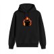 Black hoodie with a cartoon black cat surrounded by flames