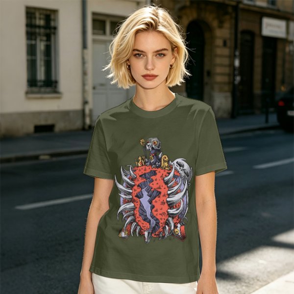 Olive T-Shirt with Dark Fantasy Monster Skeleton Art Print