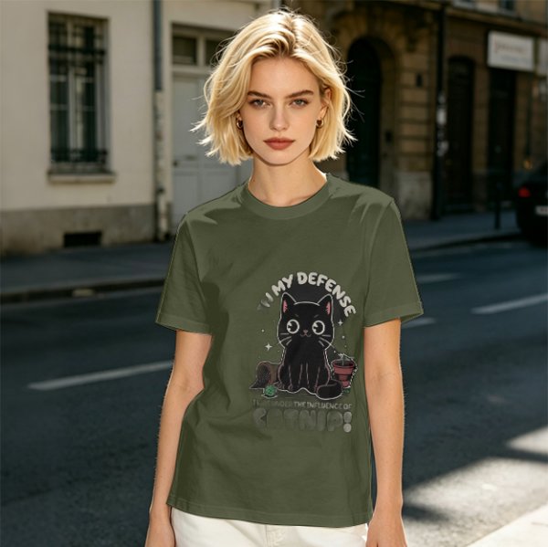 Olive t-shirt with black cat 'In My Defense I Was Under Catnip' print