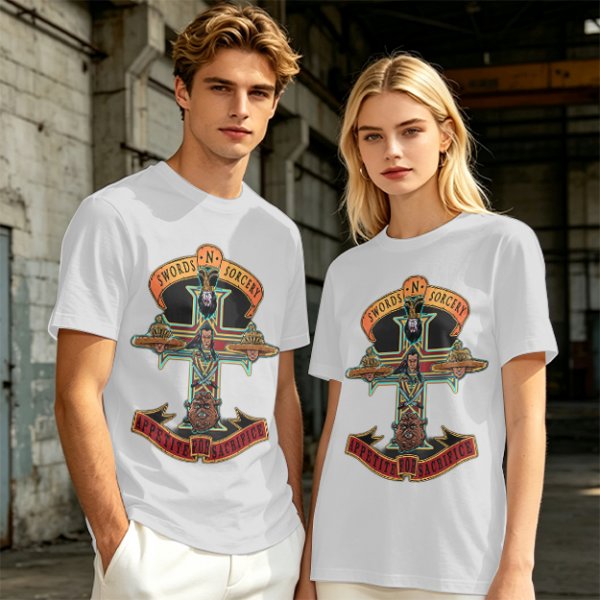 Olive graphic t-shirt with swords n sorcery appetite for sacrifice cross design