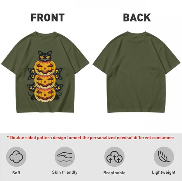 Olive Halloween T-Shirt with Stacked Jack-o'-Lanterns and Black Cats