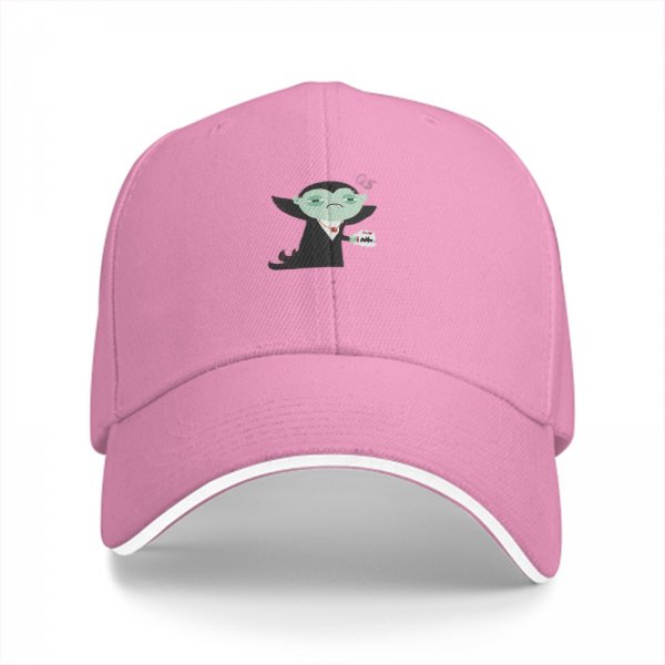 Black baseball cap with sad cartoon vampire holding blood bag print