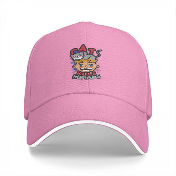Black baseball cap with 'Cats Rule Humans' cat king graphic