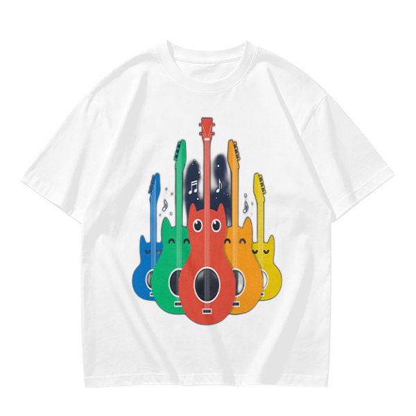 Olive T-Shirt With Colorful Cat Guitar Illustration