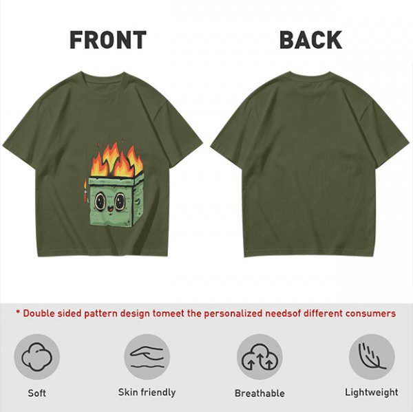Olive green t-shirt with a cartoon burning box graphic