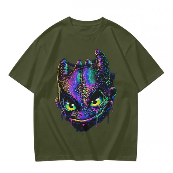 Olive T-Shirt With Neon Toothless Dragon Head Art Print