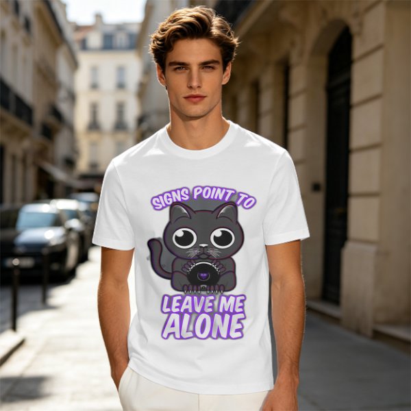 Olive t-shirt with a black cat holding a magic 8 ball and text 'Signs Point To Leave Me Alone'