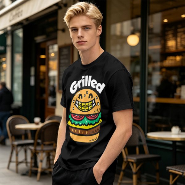 Olive T-Shirt with Smiling Grilled Burger Graphic