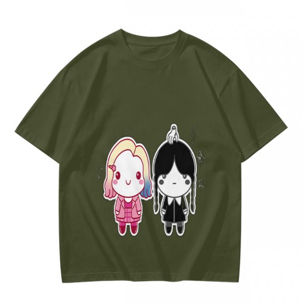 Olive T-Shirt with Chibi Wednesday Addams and Enid Sinclair Print