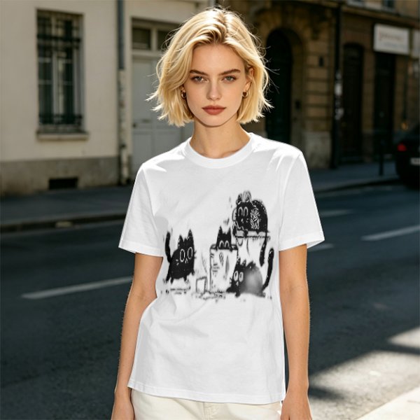 Olive Green T-Shirt With Playful Black Cat Graphic Print
