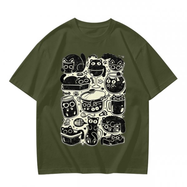 Olive Green T-Shirt With Playful Black Cats In Kitchenware Print