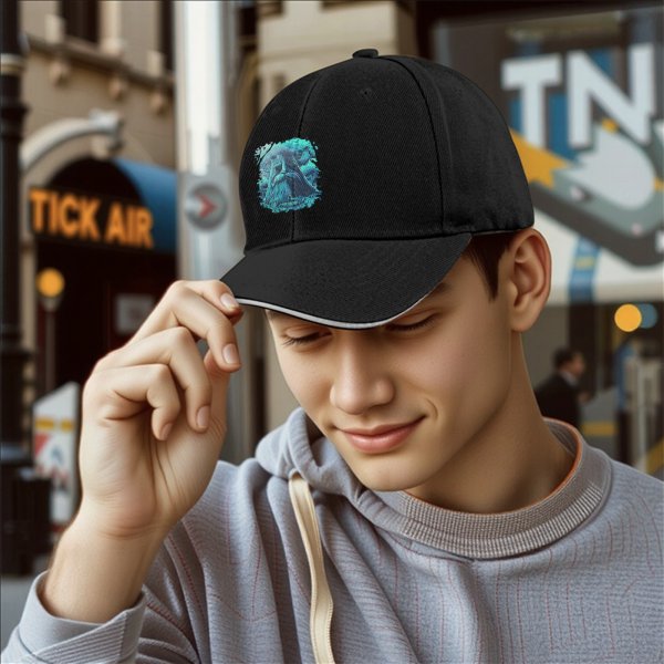 Black Baseball Cap With Turquoise Ancient Wise Man Face Art Print