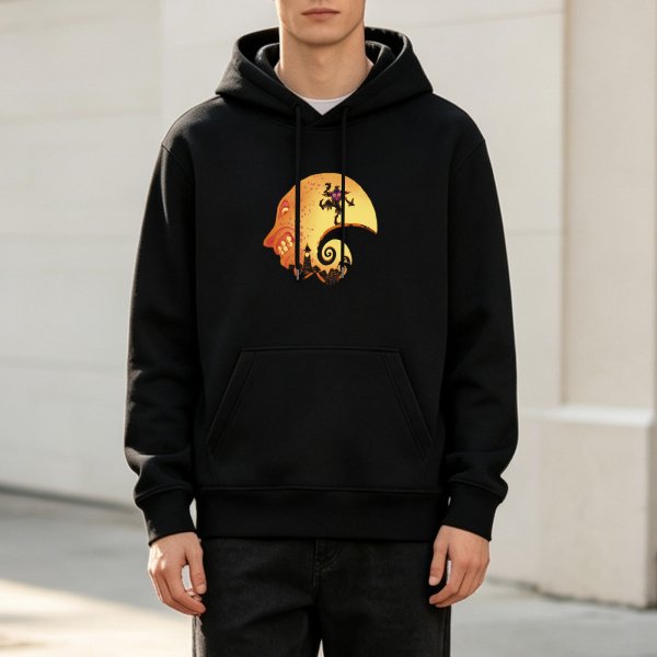 Black Hoodie with Halloween Moon Face Witch and Castle Art
