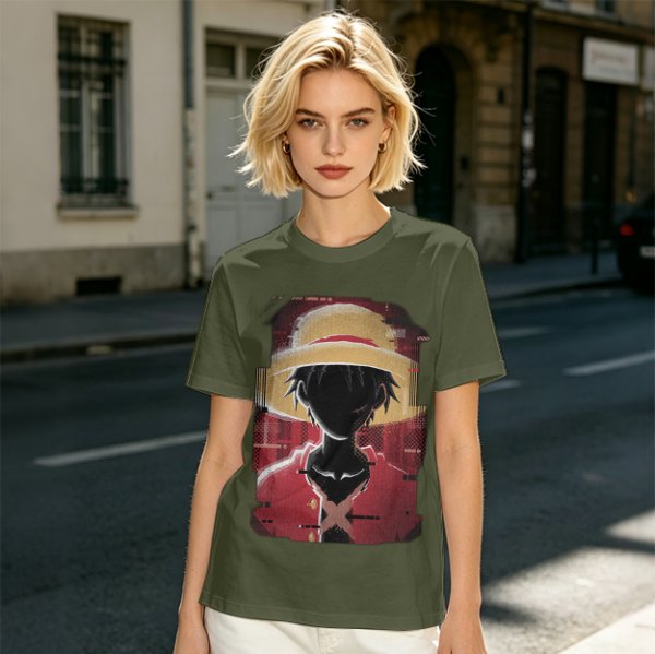 Olive T-shirt with Glitch Art Monkey D Luffy Straw Hat Print
