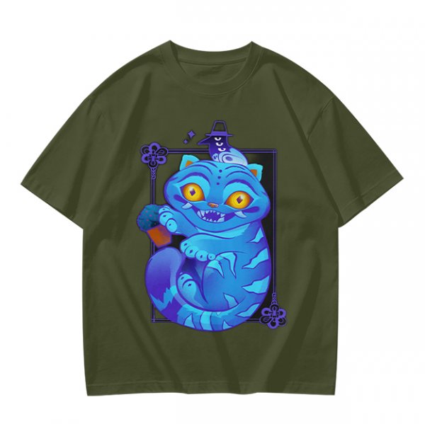 Olive T-Shirt With Cheshire Cat And Crow Graphic Print