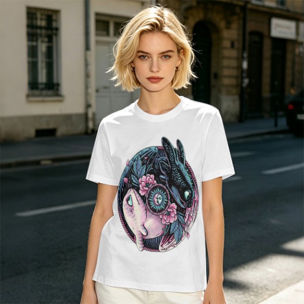 Olive T-Shirt with Yin Yang Dragon Floral Sun Moon Art