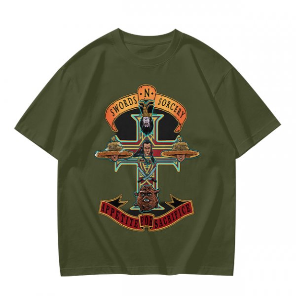 Olive graphic t-shirt with swords n sorcery appetite for sacrifice cross design