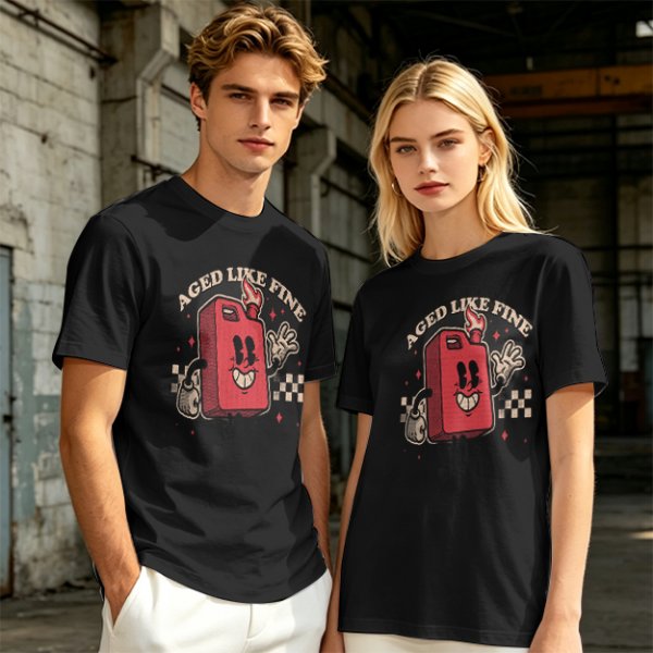 Olive T-Shirt with Retro Cartoon Gas Can 'Aged Like Fine' Print