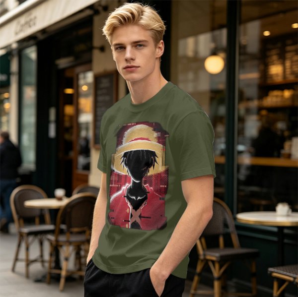 Olive T-shirt with Glitch Art Monkey D Luffy Straw Hat Print