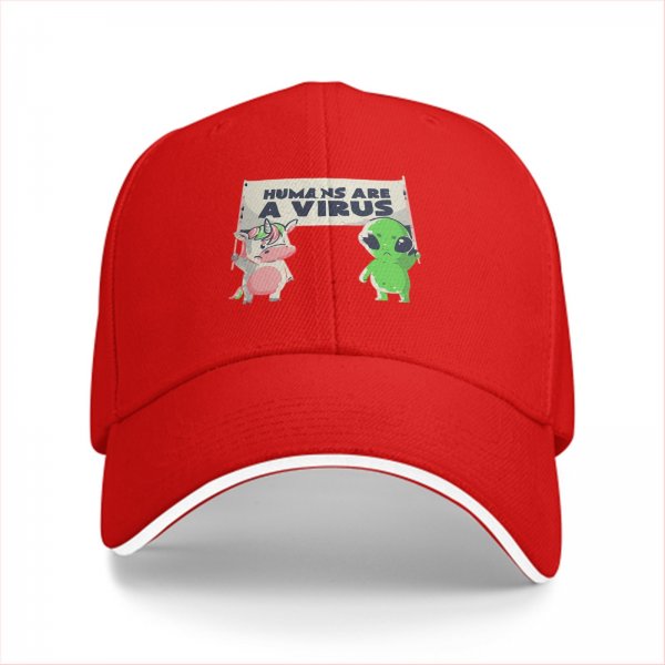 Black baseball cap with 'Humans Are A Virus' alien unicorn graphic