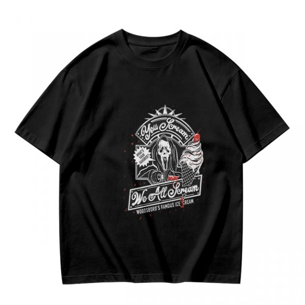 Olive green graphic t-shirt with horror ice cream themed print