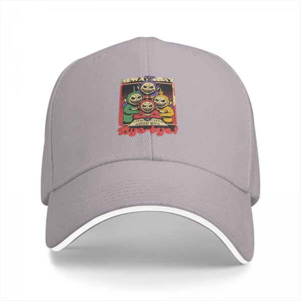 Black baseball cap with creepy Teletubbies 'Always Say Bye-bye' print