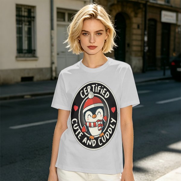 Olive T-Shirt with Cute Penguin 'Certified Cute and Cuddly' Print