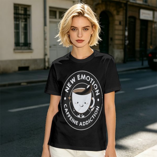 Olive t-shirt with 'New Emotion Caffeine Addiction' coffee cup graphic